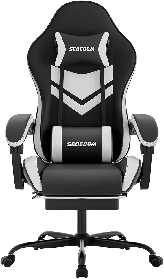 Gaming Chair with Footrest & Massage Lumbar Support, PU Leather Ergonomic High Back Swivel Height Adjustable Chair for Adults, Office Gaming, 300 lbs (Black White)