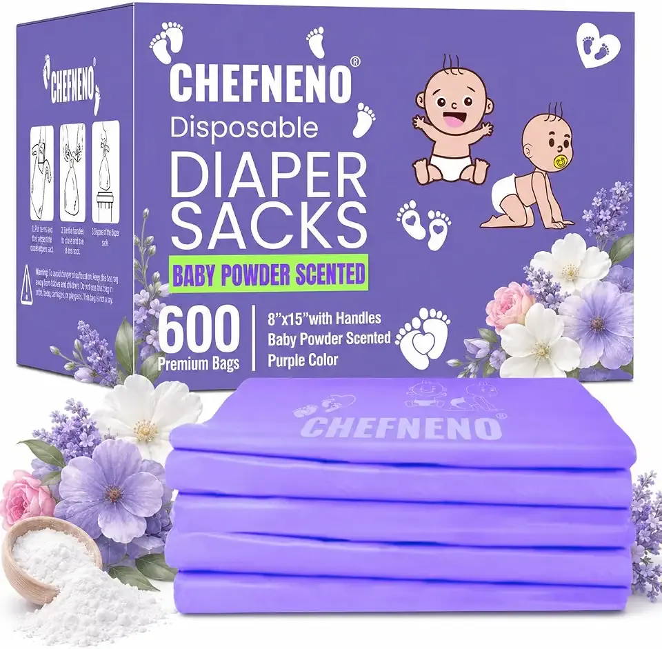 Baby Diaper Disposal Sacks (600 Count), Baby Powder Scented Easy-Tie Diaper Bags, Multipurpose Disposal Bags for Diapers, Dog Waste, Cat Litter & Sanitary Products (Purple)