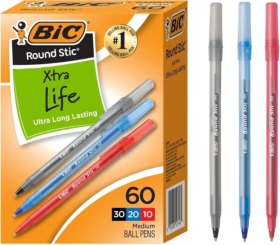 BIC Round Stic Xtra Life Assorted Ink Ballpoint Pens, 60-Count, 1.0mm | Flexible Round Barrel for Comfortable Writing | Translucent Barrel to View Ink Supply | Smooth Ink for Consistent Writing