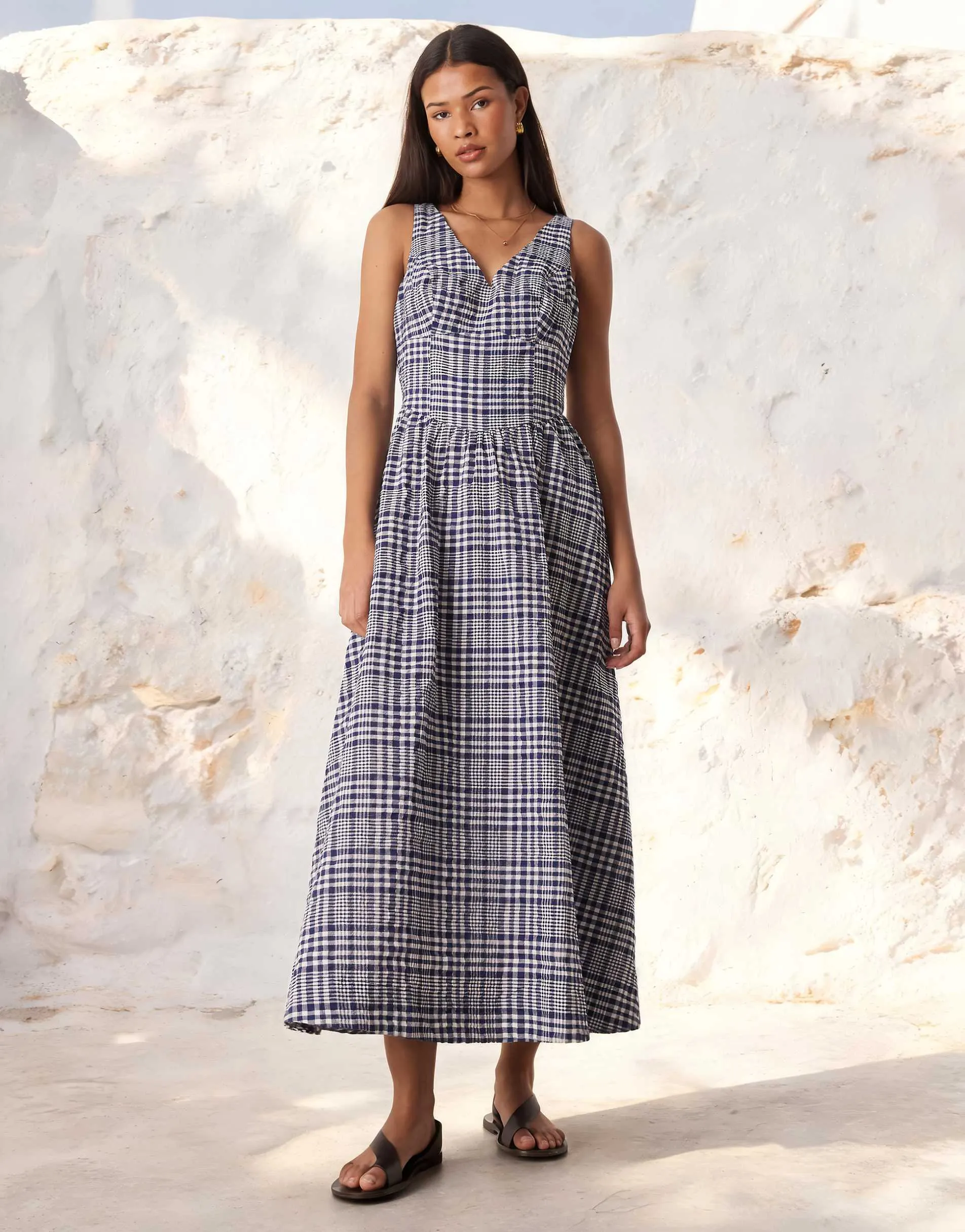 ASOS DESIGN waisted v neck maxi dress with seaming details in blue gingham