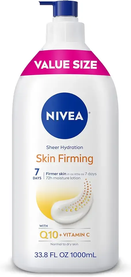 NIVEA Sheer Hydration Skin Firming Body Lotion with Q10 and Vitamin C, 72-Hour Body Moisturizer for Normal to Dry Skin, 33.8 Fl Oz Value Size Pump Bottle