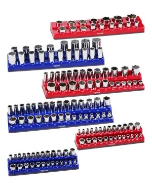 Kit Organizzatori Bussole Magnetiche VEVOR 6 Vassoi SAE 1/4'',3/8'',1/2'',Etichette Trasparenti,Capacità 143 Bussole,Blu & Rosso