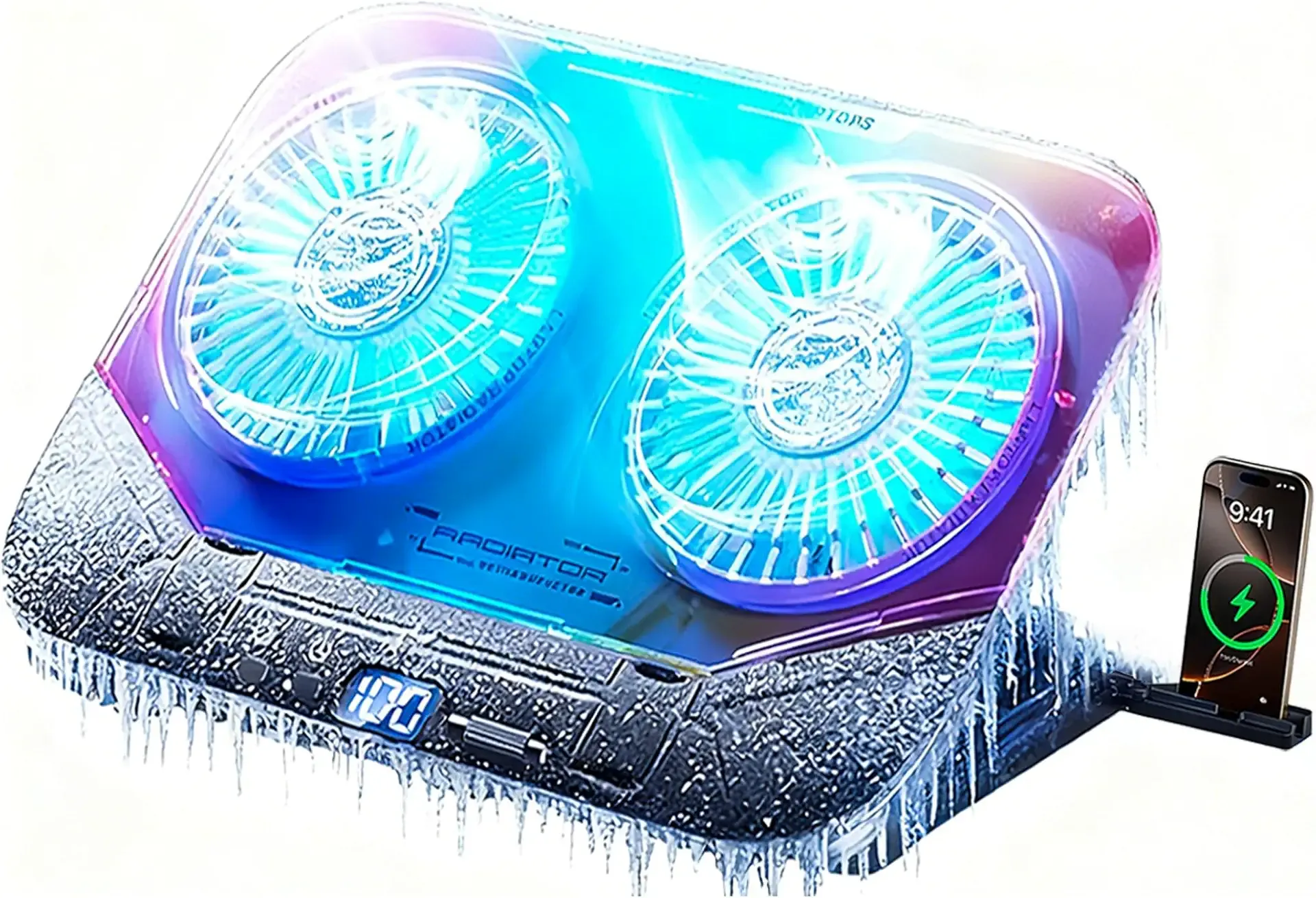 2026 Upgraded Laptop Cooling Pad with Dual TEC Cooler, Gaming Laptop Cooler, 2 Powerful Turbo Fans, Fast Cooling Laptop 12-21in, 5 Height Stands, 100 Gear Speed Adjust, LCD Screen, RGB, Phone Holder