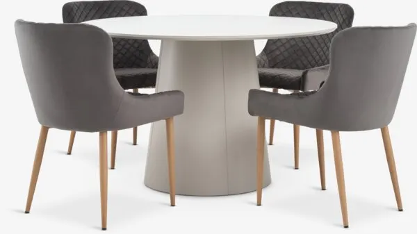 KLIPLEV Ø120 tafel + 4 PEBRINGE stoel velvet grijs