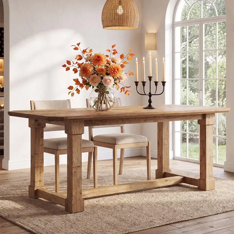 63" Solid Wood Dining Table, Rectangular Kitchen Table with Sturdy Legs, Rustic Wooden Dinner Tables for 4-6, Dining Room, Living Room, Natural Finish