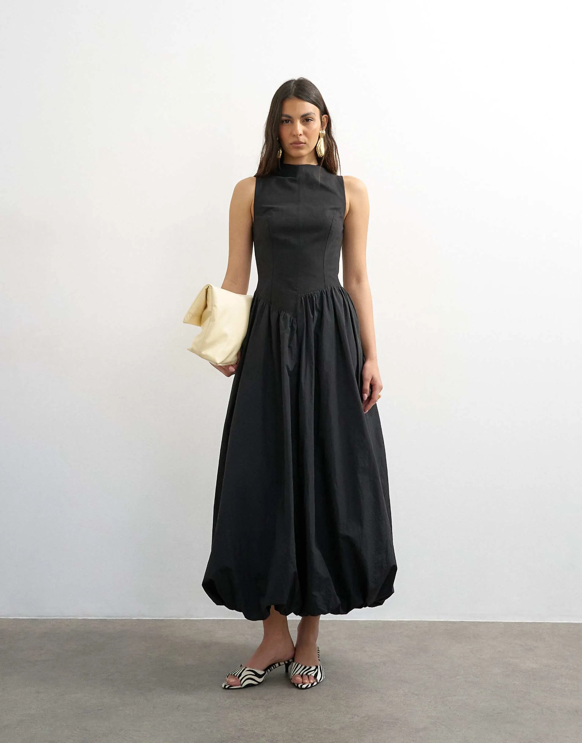 Topshop high neck asymmetric waist bubble hem maxi dress in black