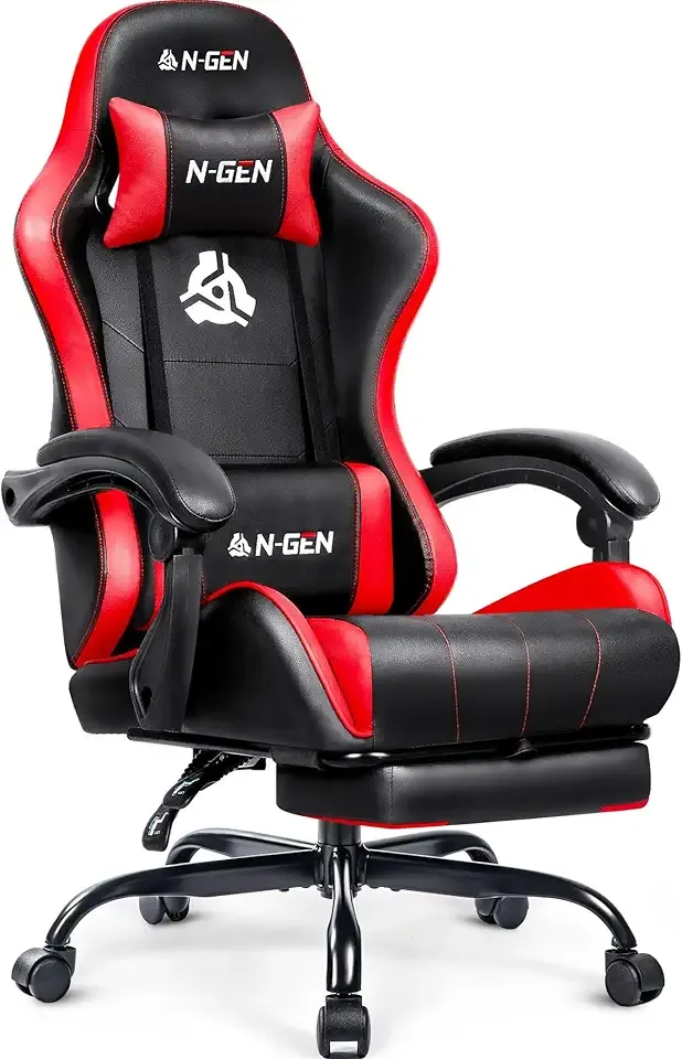 N-GEN GAMING Video Gaming Chair with Footrest Lumbar Support for Home Office High Back Recliner Height Adjustable Ergonomic Comfy Leather Computer Desk Chair (Red)