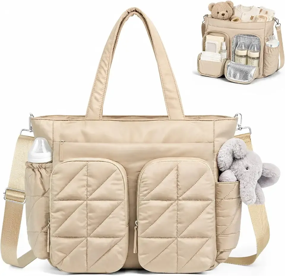 TOPEAST Diaper Bag Tote, Quilted Puffer Baby Bag with Insulated Pockets, Lightweight Hospital Bag for Mom & Dad, Travel, Work