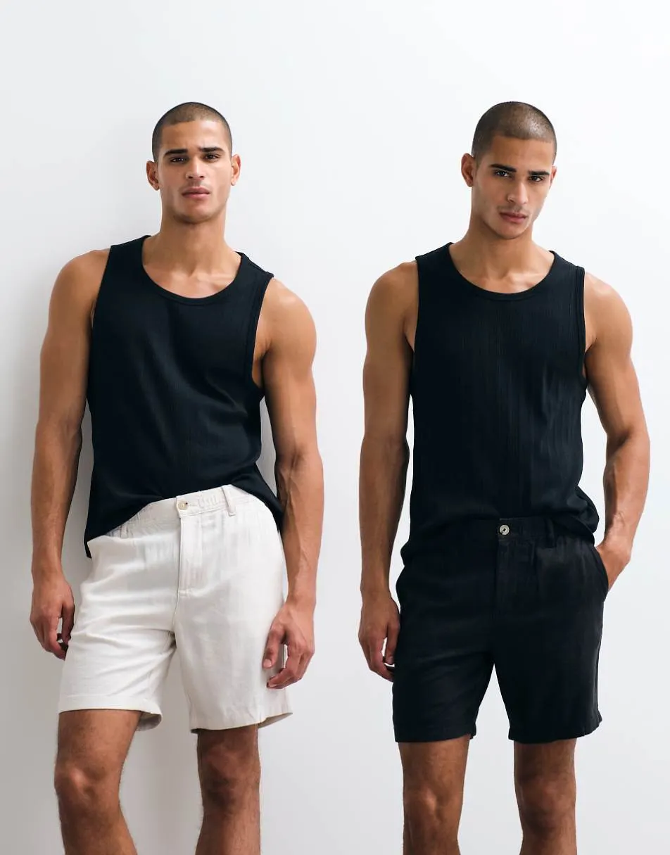 ASOS DESIGN 2 pack slim linen blend shorts in mid length in black and stone