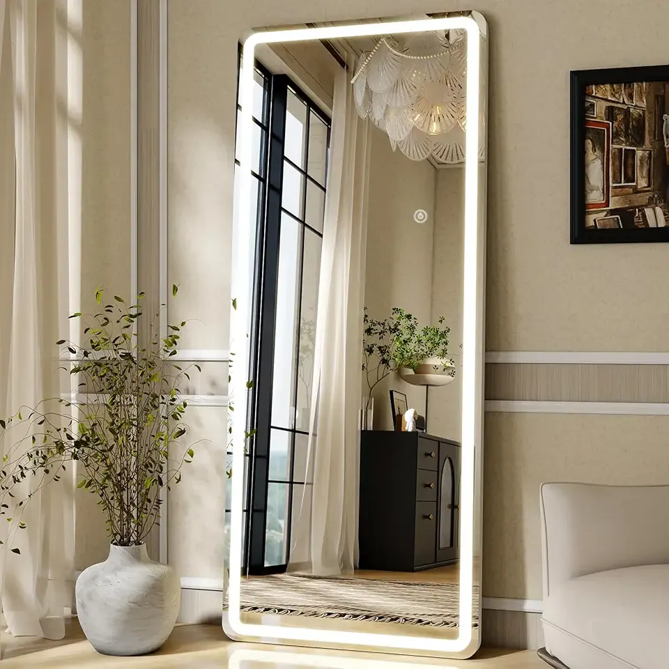 LED Full Length Mirror with Lights - 71"x26"Floor Standing Mirror with Rounded Corner Dimmable 3 Color Lighting, Aluminum Frame,Leaning Hanging for Bedroom Cloakroom, White