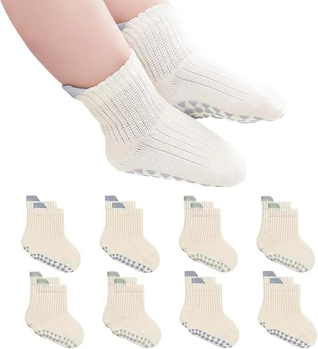 BONANGEL Baby Socks with Grips, 8 Pairs Non Slip Cotton Ankle Socks for Toddler Girls Boys Infants Kids 0-5 Years Old