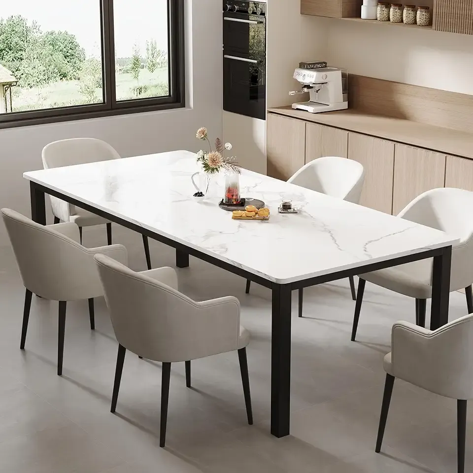 GarveeHome 71in Industrial Dining Table for 6 People | Kitchen Farmhouse Table Mortise Tenon, Wood Office Table for Home Living Room, Metal Support 350lb, Marble