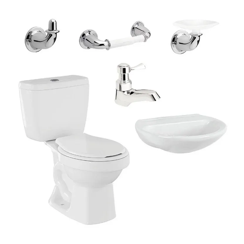 Combo Ecoline Blanco: Sanitario Dos Piezas Ecoline + Lavamanos Milano + Grifería Lavamanos Sencilla Serrat + Accesorios x3 Valencia Corona