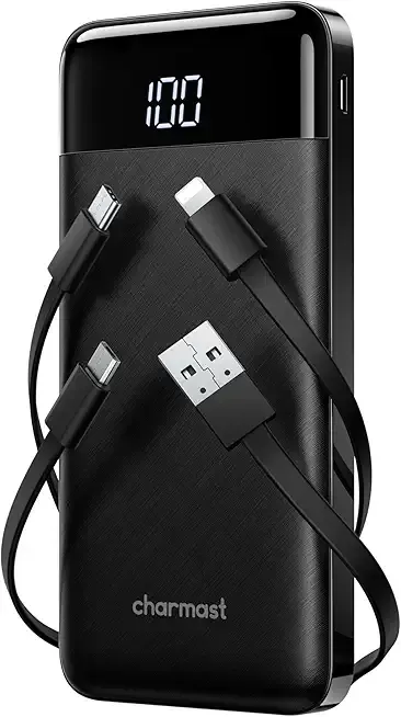 charmast Portable Charger with Built in Cables, Power Bank with Cords Wires, Slim 10000mAh Travel Battery Pack 6 Outputs 3 Inputs 3A Fast Charging for Samsung Google Pixel LG Moto iPhone iPad