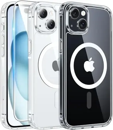 FNTCASE for iPhone 15 Case Clear: iPhone 14/13 Case Magnetic Phone Cases with Screen Protector Compatible with Magsafe Slim Anti Yellowing Rugged Protective Transparent Cell Cover (A-Clear)