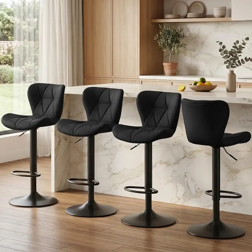 Bar Stools Set of 4, PU Leather Adjustable Height Swivel Barstool | Modern, Counter Height Chairs, Back, Footrest, Padded Seat, Kitchen Island, Living Room, Dining Room, Cafe, Black