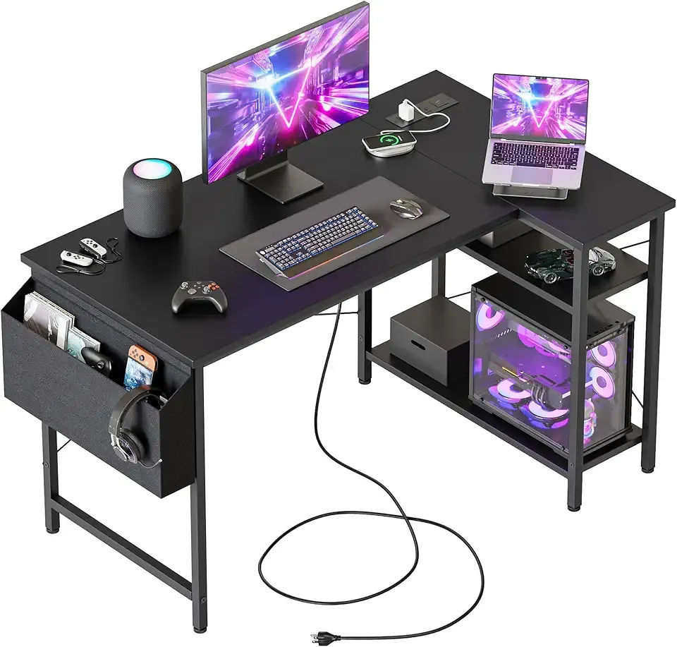 Mericonia Small L Shaped Computer Desk with Power Outlets, Gaming Desk for Small Spaces, Corner Desk with Reversible Storage Shelves, Study Writing Table for Home Office