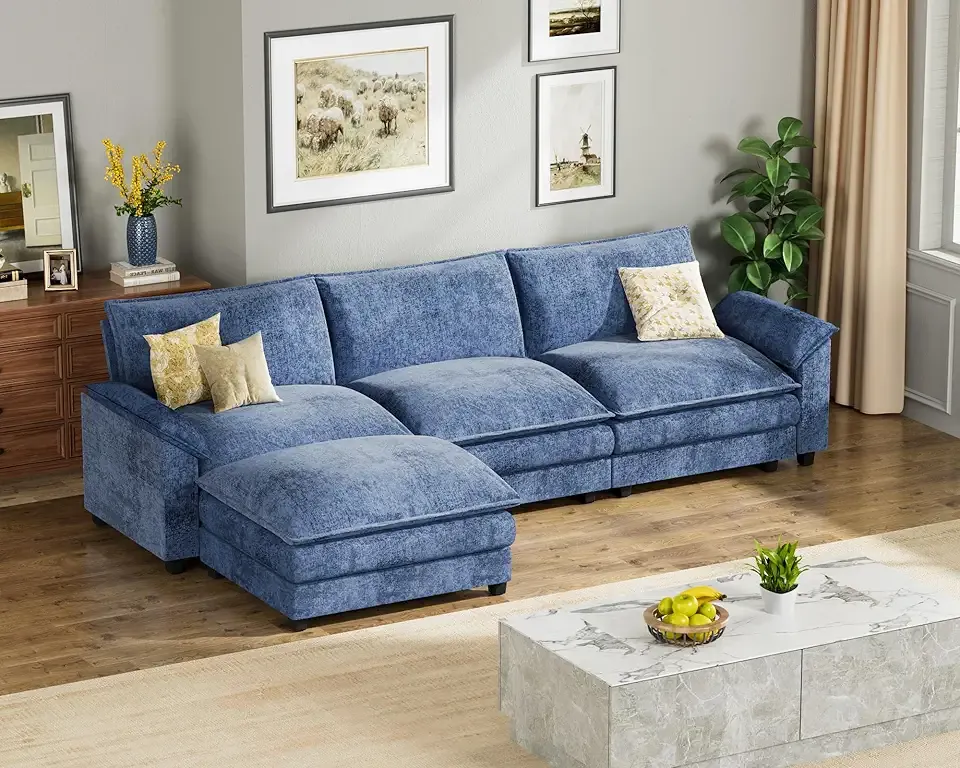 Homall 119" Modular Sectional Sofa, L Shaped Sofa Couch with Reversible Ottoman, DIY Combination Chenille Deep 3-Seat Cloud Couch for Living Room, Apartment (Dark Blue, L Shaped Sofa)
