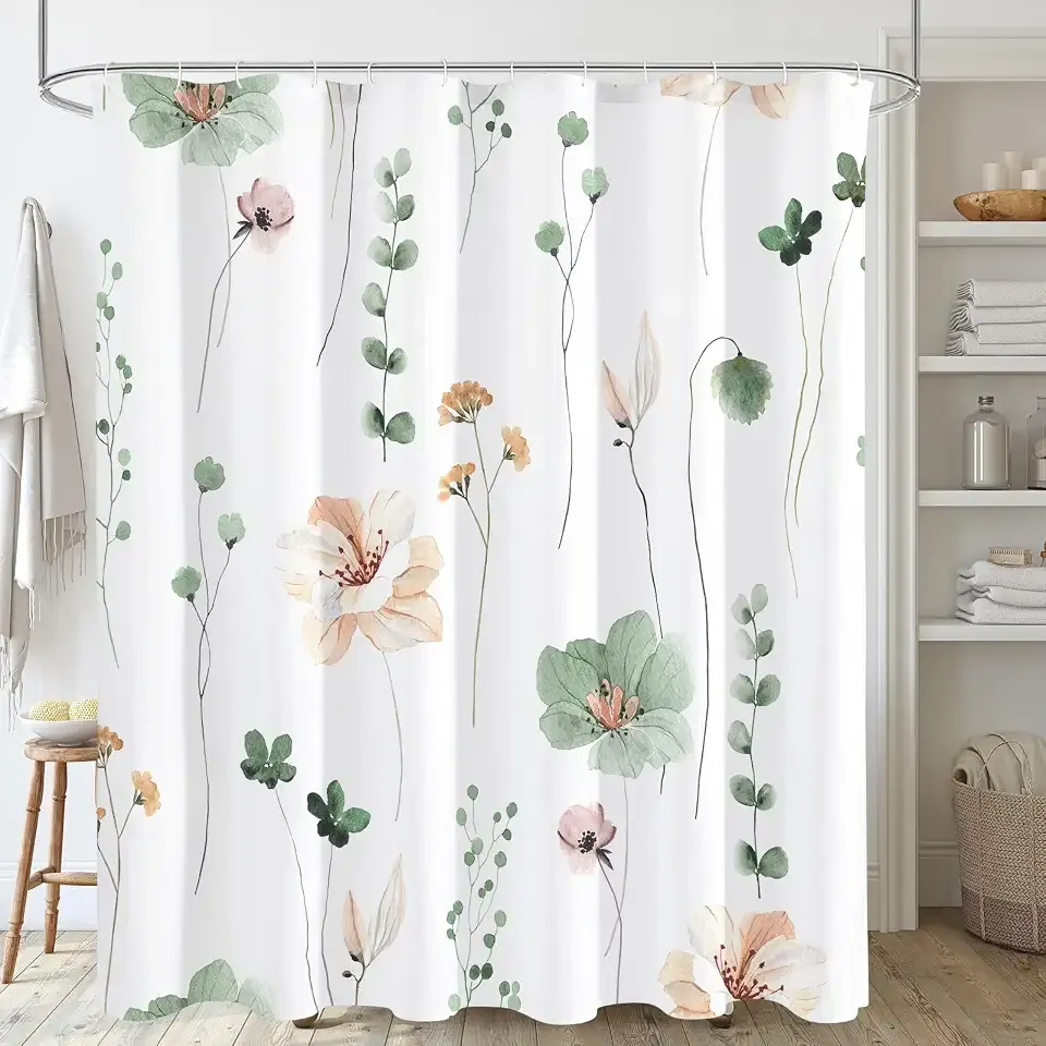 Sage Green Beige Watercolor Floral Fabric Shower Curtain 72x72 | Waterproof Fabric, Modern Minimalist Floral Print, Machine Washable, Rustproof Grommets, for Bathroom Home