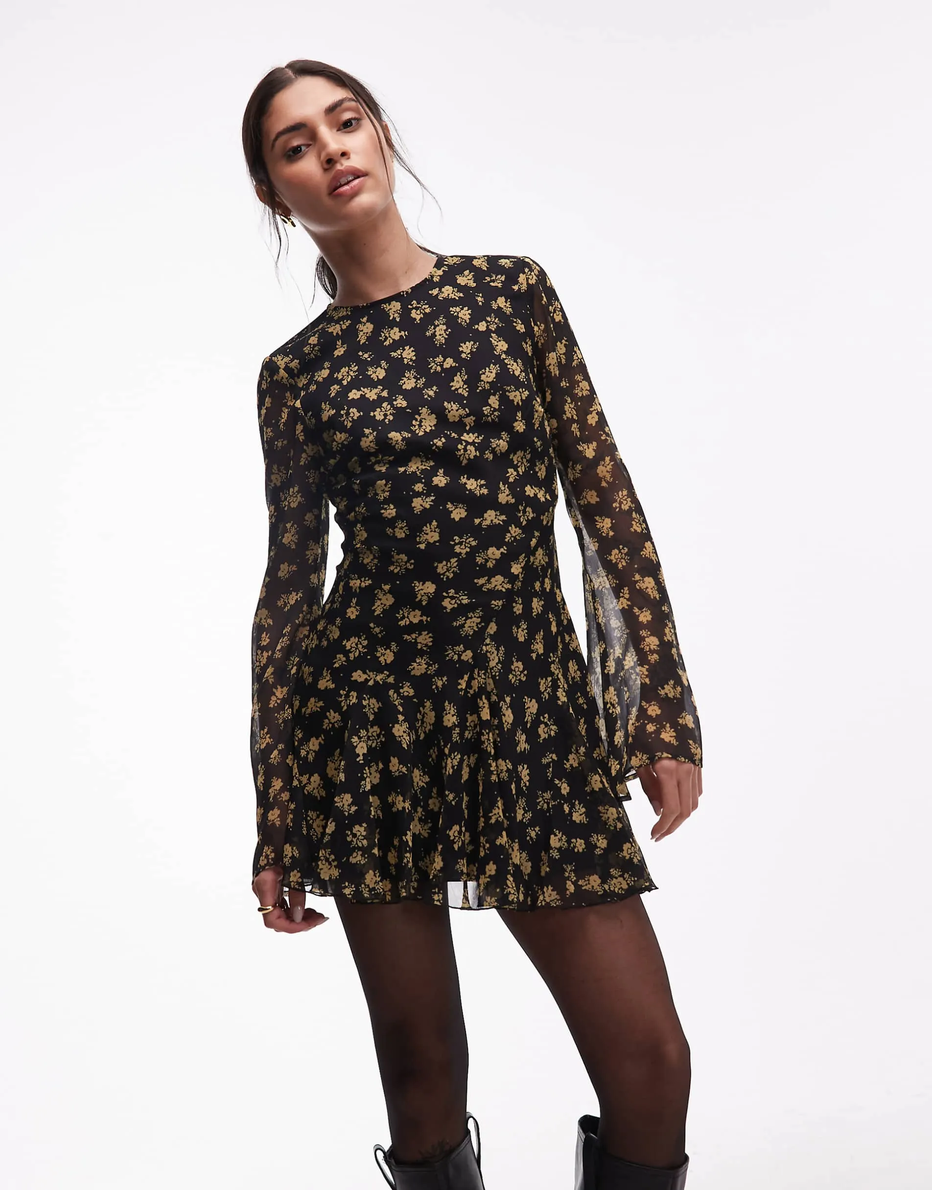 ASOS DESIGN long sleeve mini dress with ruffle skirt in ditsy floral