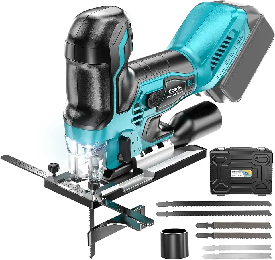 Cordless&Brushless Jig Saw Compatible With Makita 18V Battery, 3800RPM, 7 Speeds Dial Control, Free-Tool ±45° Bevel Cuts, 4 Orbital Action, Dust Blows and 6 Blades For Cutting (Only Tool)