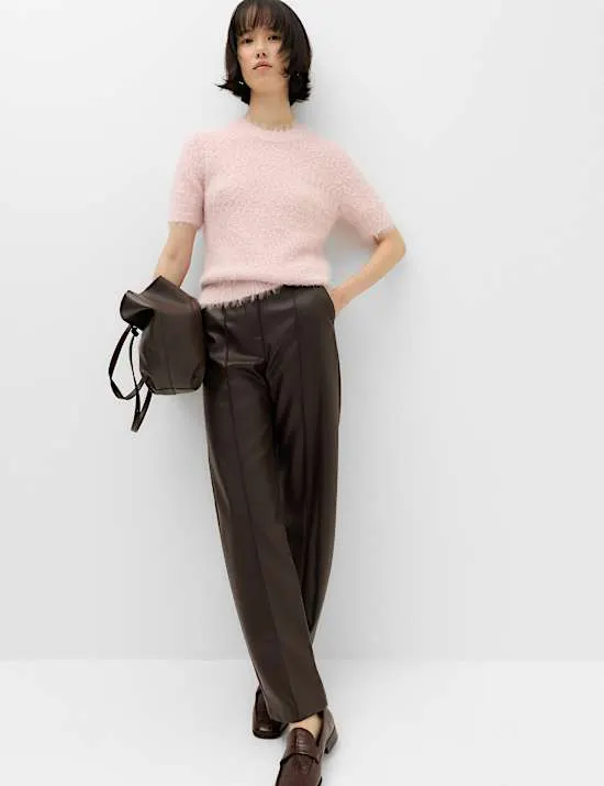 Faux Leather Pintuck Barrel Leg Trousers
