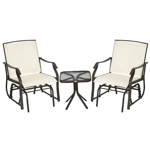 3 Piece Patio Conversation Set Garden Glider Chair, Cream White