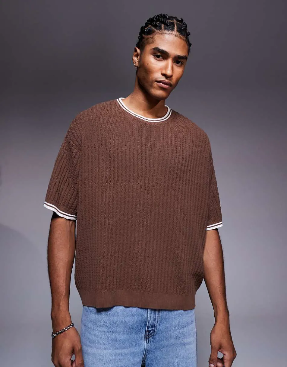 ASOS DESIGN oversized knitted t-shirt in brown with cream tipping