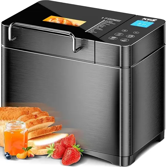 KBS Premium 2.2LB Convection Bread Maker Dual Heaters, 710W Stainless Steel 17-in-1 Bread Machine Healthy Ceramic Pan, Nut Dispenser,Touch Panel,3 Loaf Sizes 3 Crust Colors,15H Timer,Low Noise,Recipes