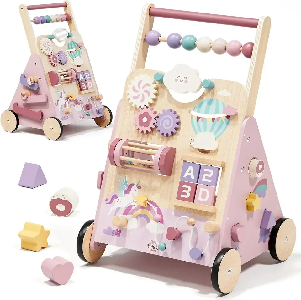 Lehoo Castle Unicorn Wooden Baby Walker, Adjustable Speed Baby Push Walker with Activity Center, Montessori Walker Toy for 1 Year Old Girls Learning to Walk