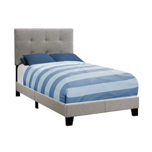 Monarch Specialties Bed, Twin Size, Platform, Teen, Frame, Upholstered, Linen Look, Wood Legs, Grey, Transitional