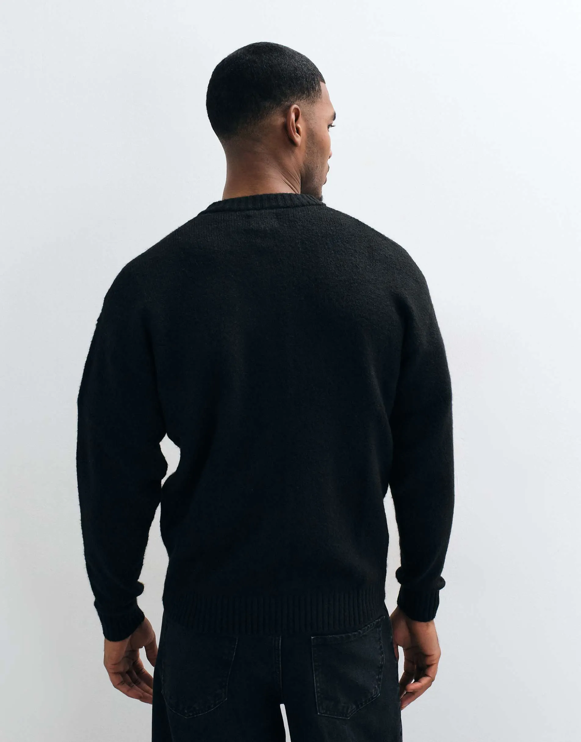 Jack & Jones fluffy knitted crew neck cardigan in black
