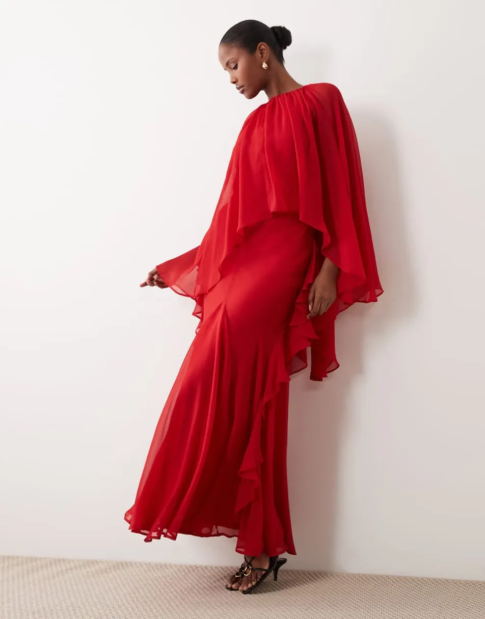 ASOS DESIGN full cape sleeve maxi dress with ruffles in red