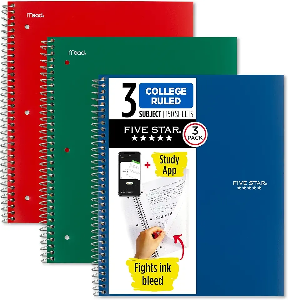 Five Star Spiral Notebook + Study App, 3 Pack, 3 Subject, College Ruled Paper, Fights Ink Bleed, Water Resistant Cover, 8-1/2" x 11", 150 Sheets, Green, Red, Blue (820193)
