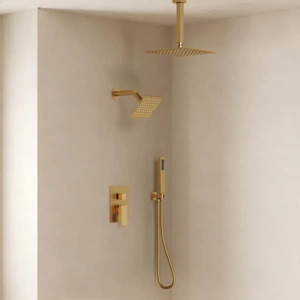 EVERSTEIN 3-Spray Square Ceiling Mount Shower Head and Handheld 2.5 GPM in Brushed Gold (Valve Included)