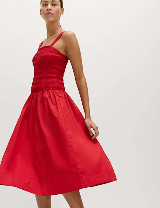 Midi-Trägerkleid aus reiner Baumwolle mit Rüschen