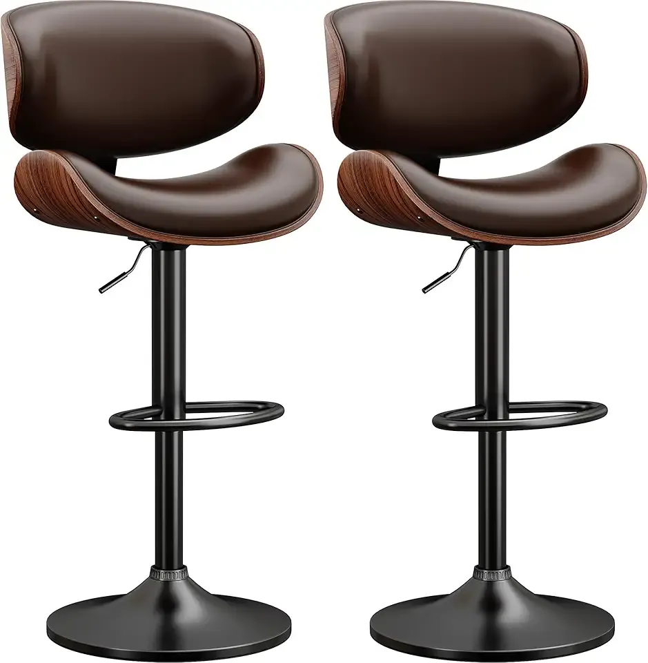 Swivel Bar Stools Set of 2, Modern PU Leather Adjustable Counter Stool, Barstool with Back and Footrest for Home Kitchen Island, Brown