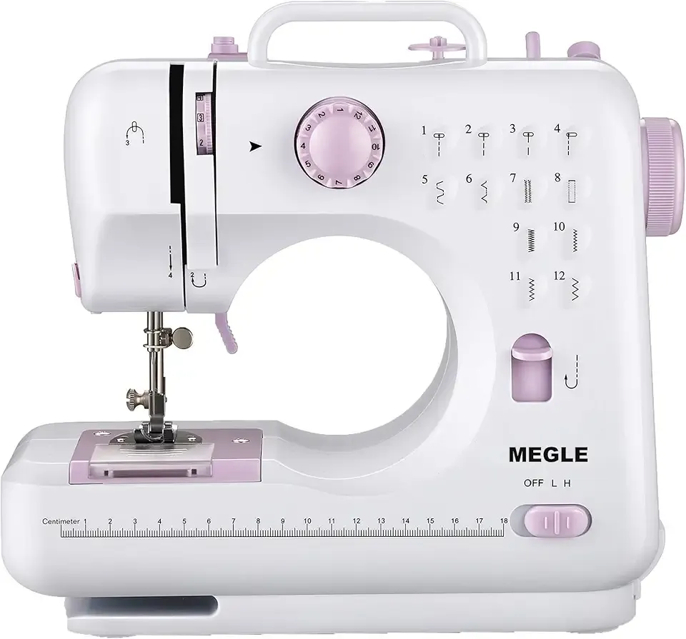 Sewing Machine for Beginners with Foot Pedal, Multifunctional Household Sewing Machine, Automatic Thread Rewind, Double Thread and Double Speed, 12 Build-in Stitches, MEGLE FHSM-505