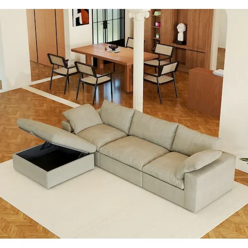Magic Home 118 in. Square Arm 4-Piece Linen L-shaped Sectional Sofa Cloud Couch in Khaki with Storage Ottoman