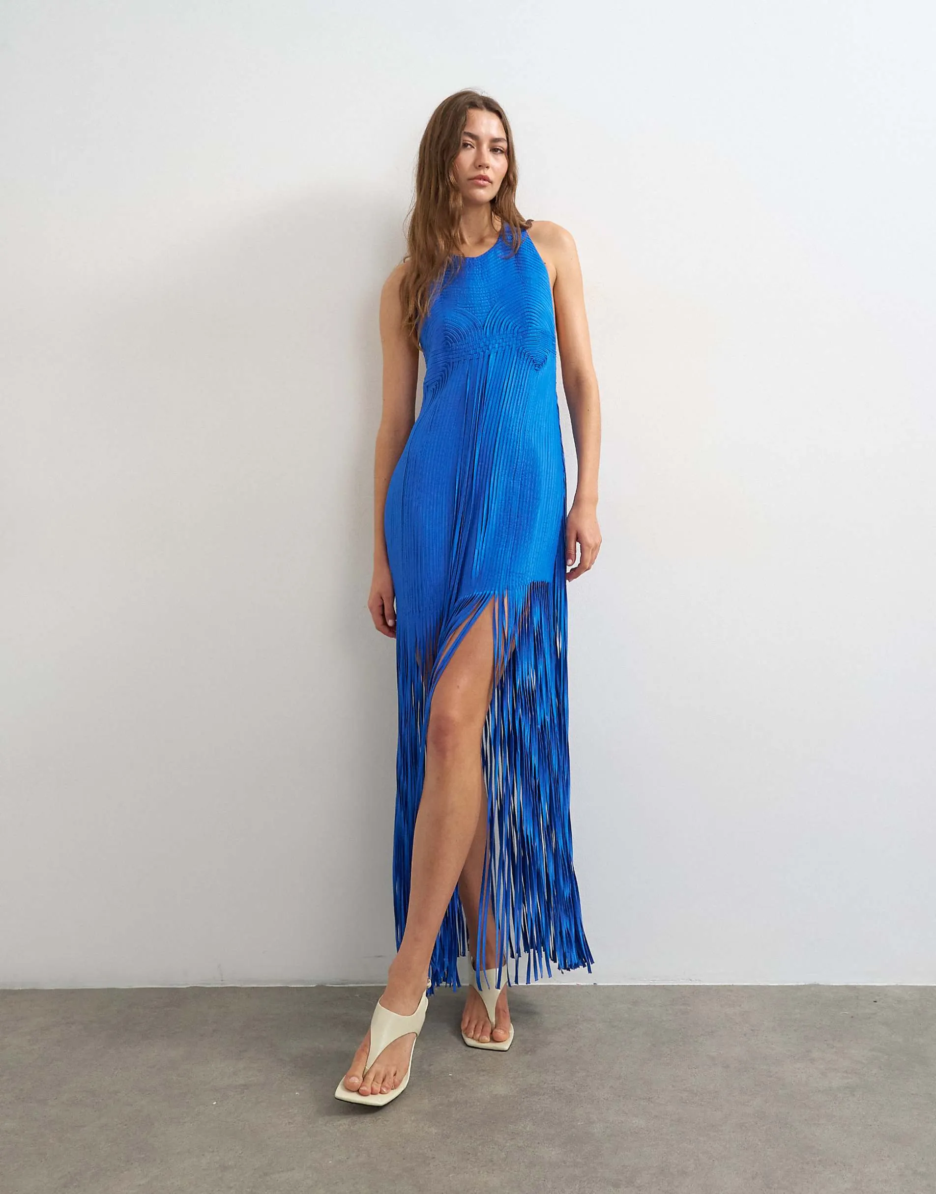 Topshop premium viscose satin handstitched applique bodice fringed maxi dress in cobalt blue
