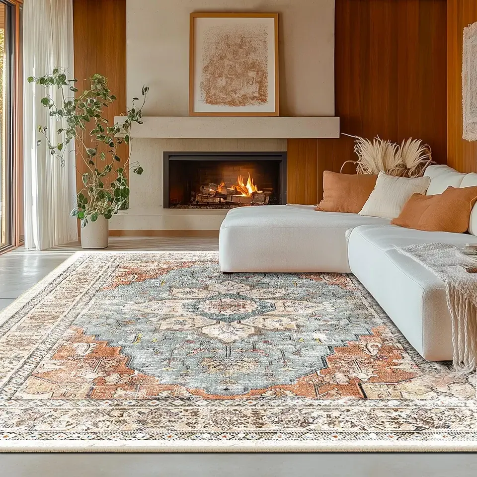 BESTSWEETIE 8x10 Area Rug Washable Rugs for Living Room, No Pile Boho Carpet for Entryway Bedroom Dinning Room, Vintage Carpet Print Distressed Non-Slip, 8 x 10 ft, Green Brick Rust Red