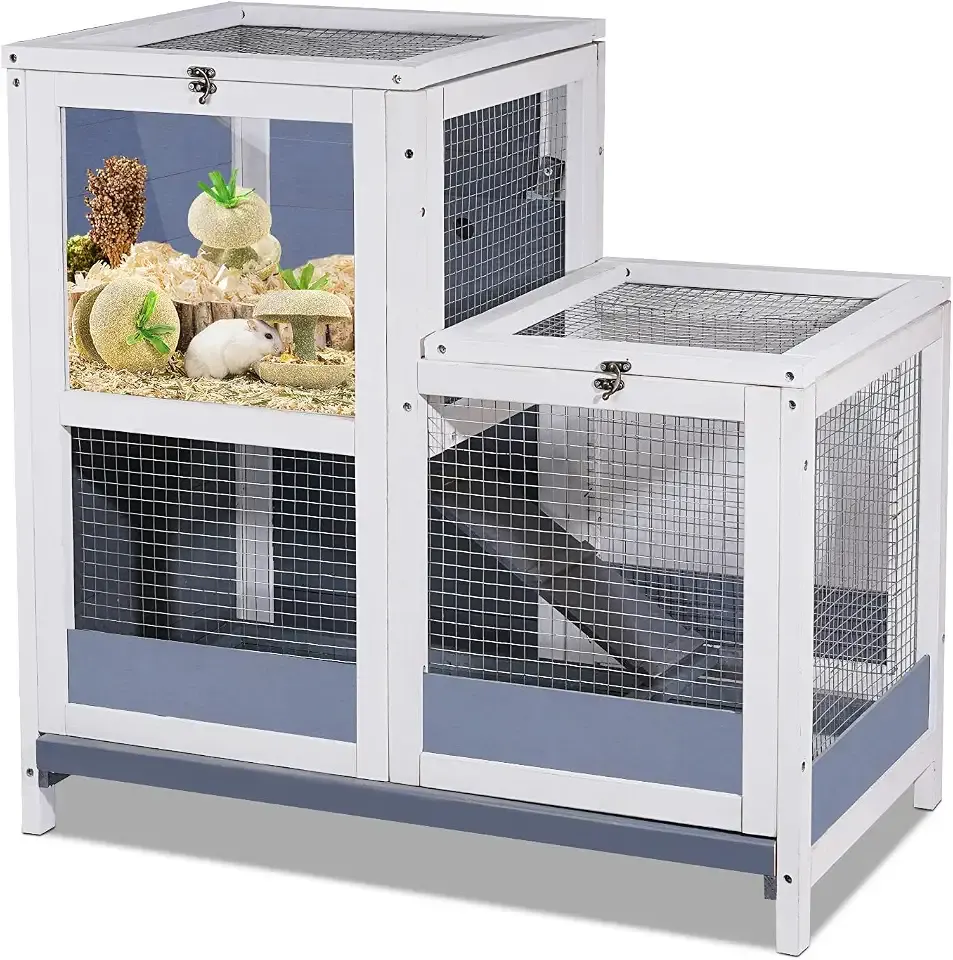 2-Story Guinea Pig Cages Wooden Indoor Rabbit Hutch Hamster Cage with Openable Roofs, Removable Tray and Wide Ramp, Small Animal Habitats for Hamsters, Guinea Pig, Ferrets, Hedgehog