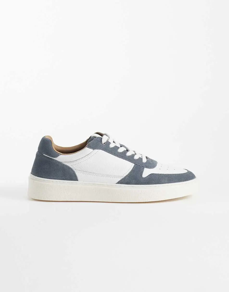 ASOS DESIGN panelled lace up trainers with gum sole in white leather and blue suede
