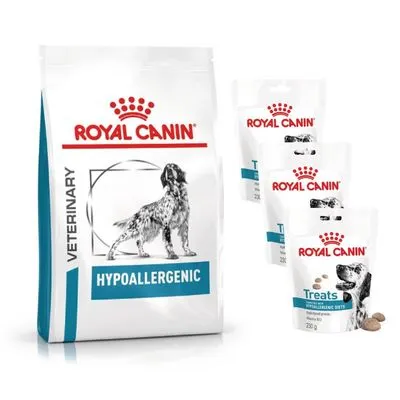 Royal Canin Veterinary Hypoallergenic 2 à 14 kg + friandises 3 x 230 g en cadeau !