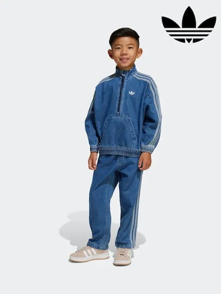 adidas Originals Blue Denim Zip Crew Kids Sweatshirt & Joggers Set