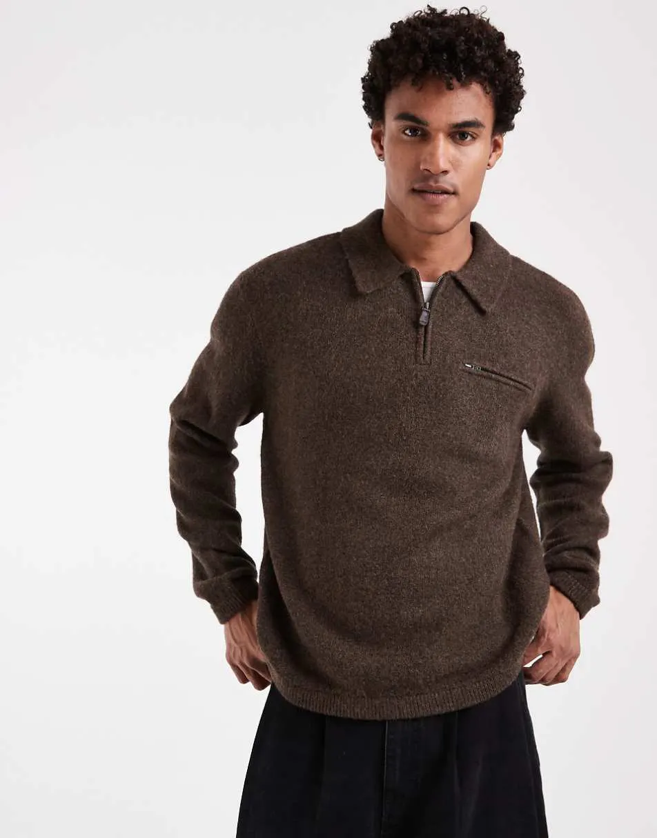 Levi's collared half zip knitted jumper in brown