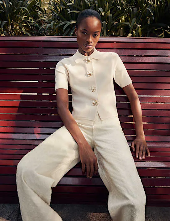 Pure Cotton Textured High Waisted Wide Leg Jeans