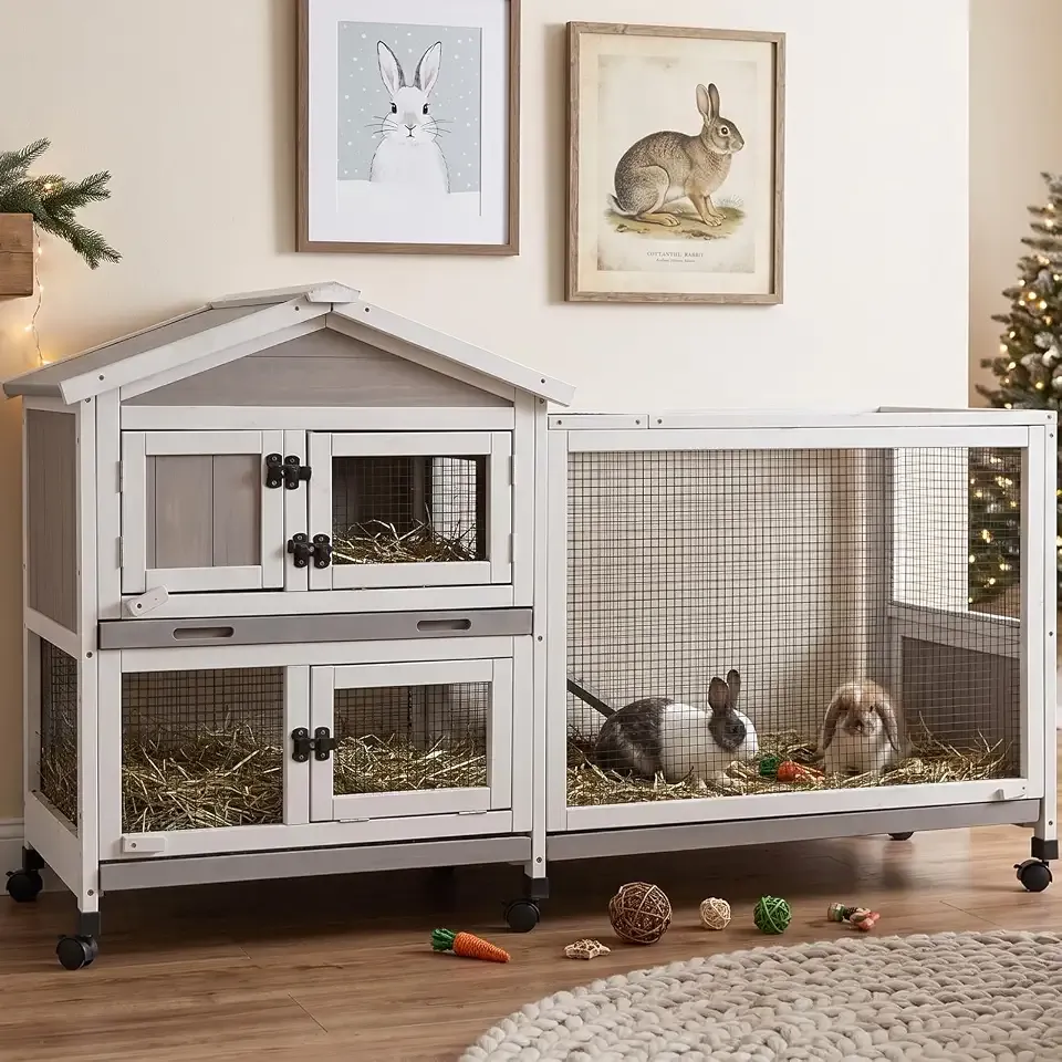 PetsCosset 60.2" L Expandable Rabbit Hutch, Mobile Bunny Cage with 6 Wheels