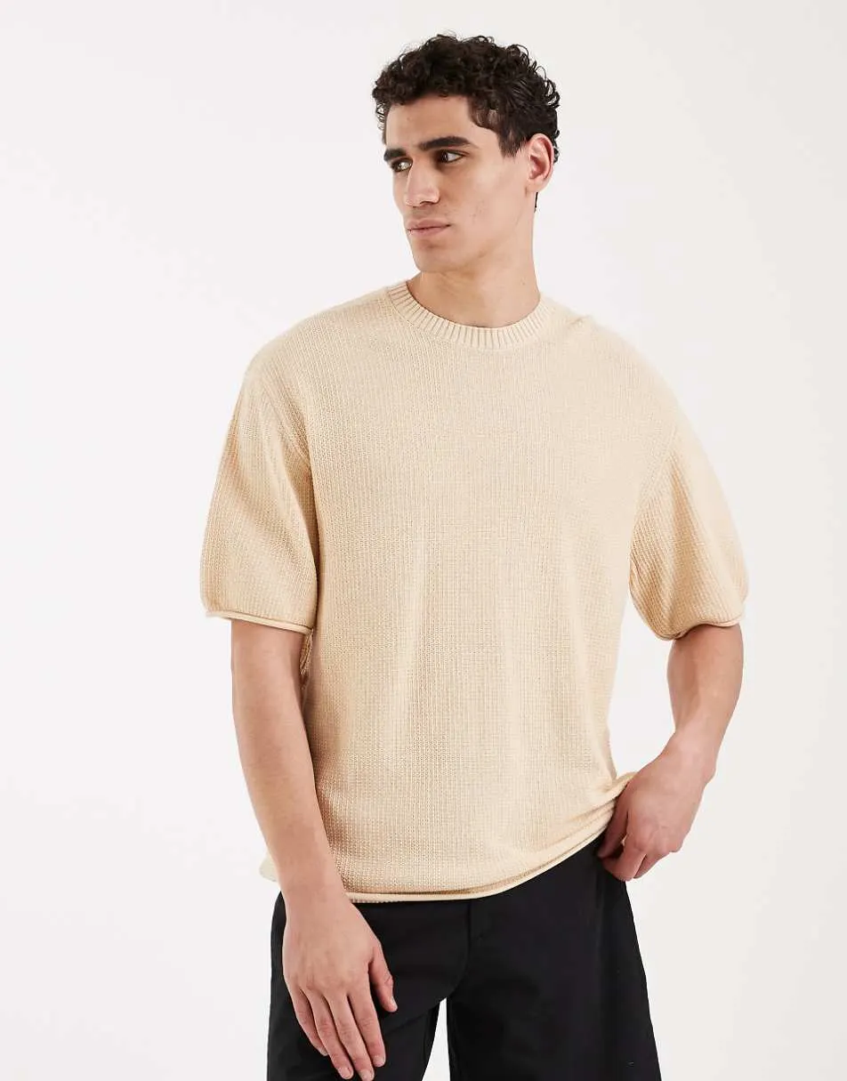 Redefined Rebel Lonzo boxy fit short sleeve knit tee in beige