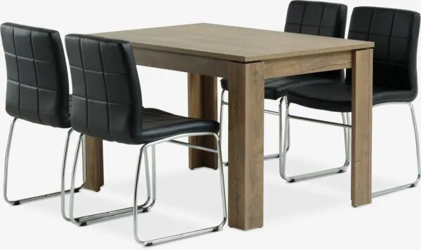 VEDDE L120 tafel wild donker eiken + 4 HAMMEL stoelen zwart